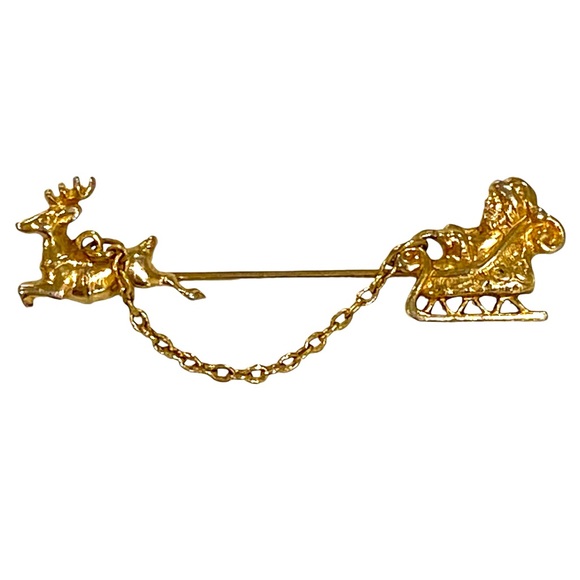 Avon Jewelry - 1980’s AVON Santa Sleigh and Reindeer Shaped Gold Tone Pin Scarf Pin Tie Tack